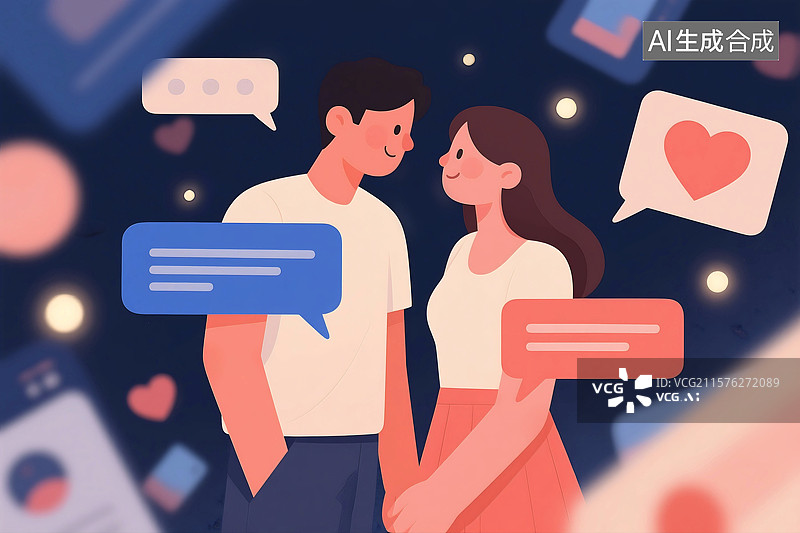 【AI数字艺术】扁平风格肌理插画手机社交软件交友软件互联网对话框沟通聊天通讯虚拟恋人图片素材
