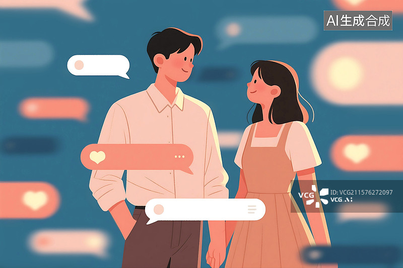 【AI数字艺术】扁平风格肌理插画手机社交软件交友软件互联网对话框沟通聊天通讯虚拟恋人图片素材