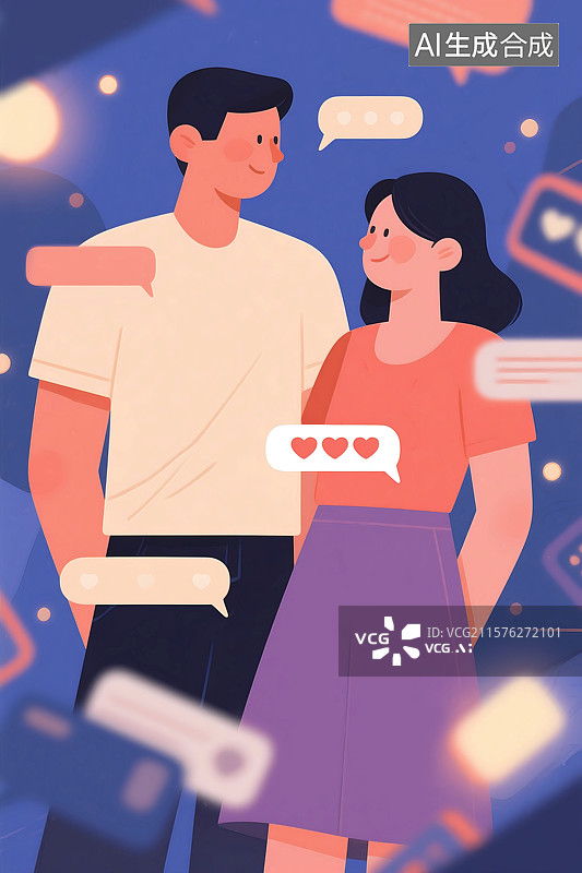 【AI数字艺术】扁平风格肌理插画手机社交软件交友软件互联网对话框沟通聊天通讯虚拟恋人图片素材