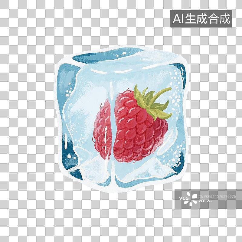 【AI数字艺术】手绘插画，冰块里的覆盆子，树莓，红色浆果，蓝色冰块，水果，水果茶，夏天免抠元素图片素材