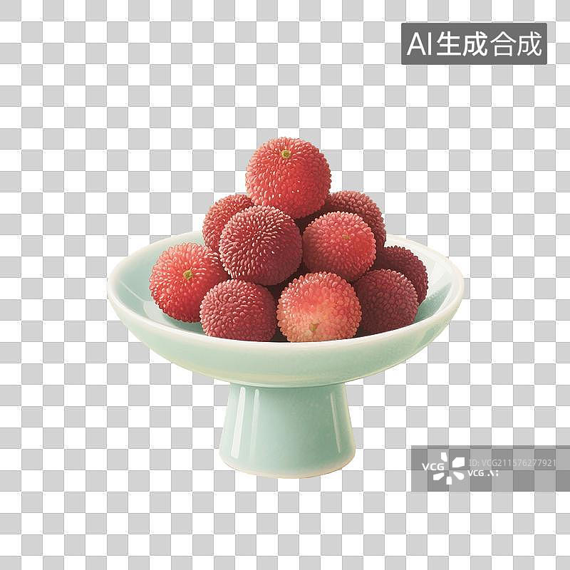 【AI数字艺术】国风手绘插画，青瓷盘子里的水果，杨梅，浆果，夏天，免抠元素图片素材