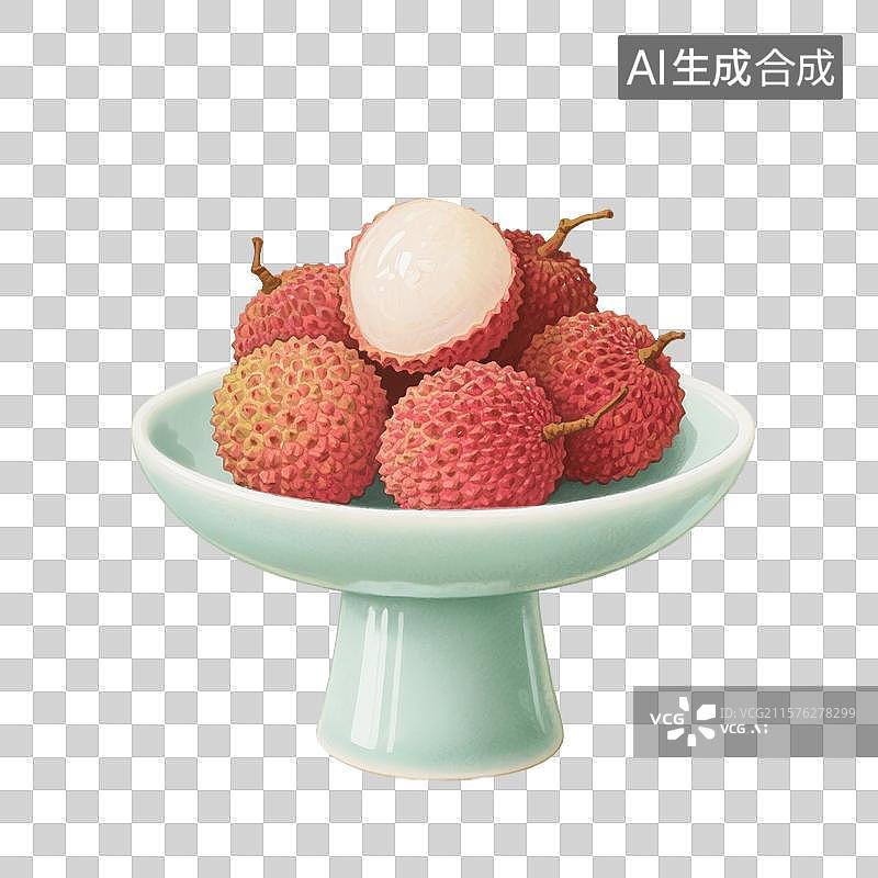 【AI数字艺术】国风手绘插画，青瓷盘子里的水果，荔枝，妃子笑，夏天，免抠元素图片素材