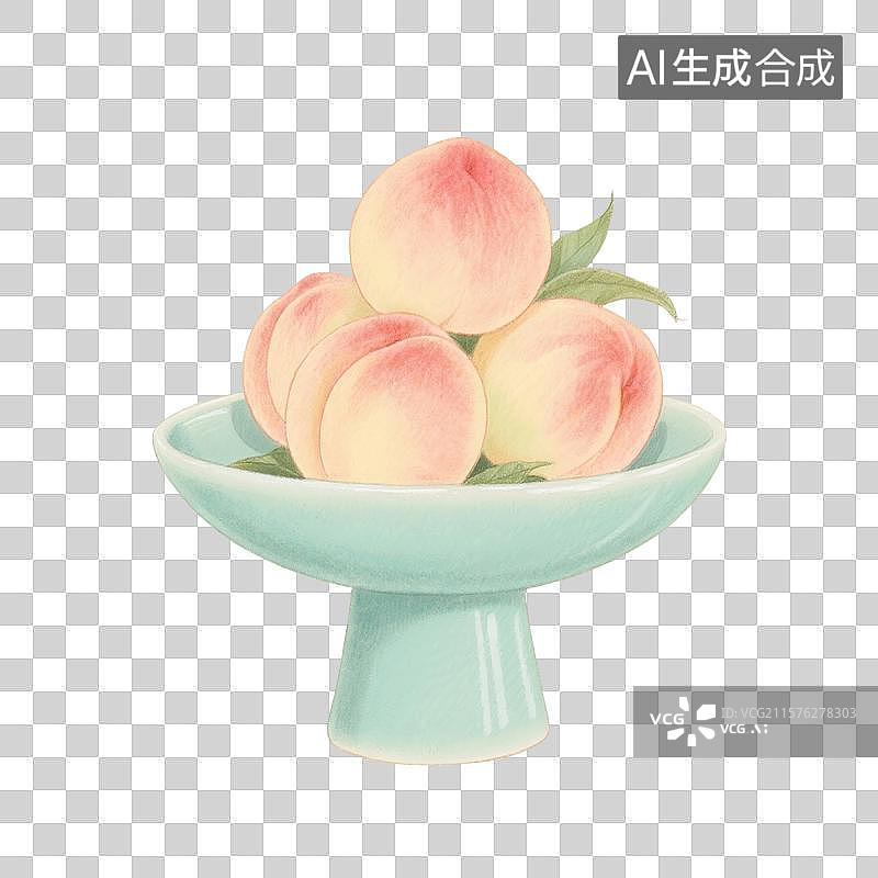 【AI数字艺术】国风手绘插画，青瓷盘子里的水果，桃子，水蜜桃，白桃，，夏天，免抠元素图片素材