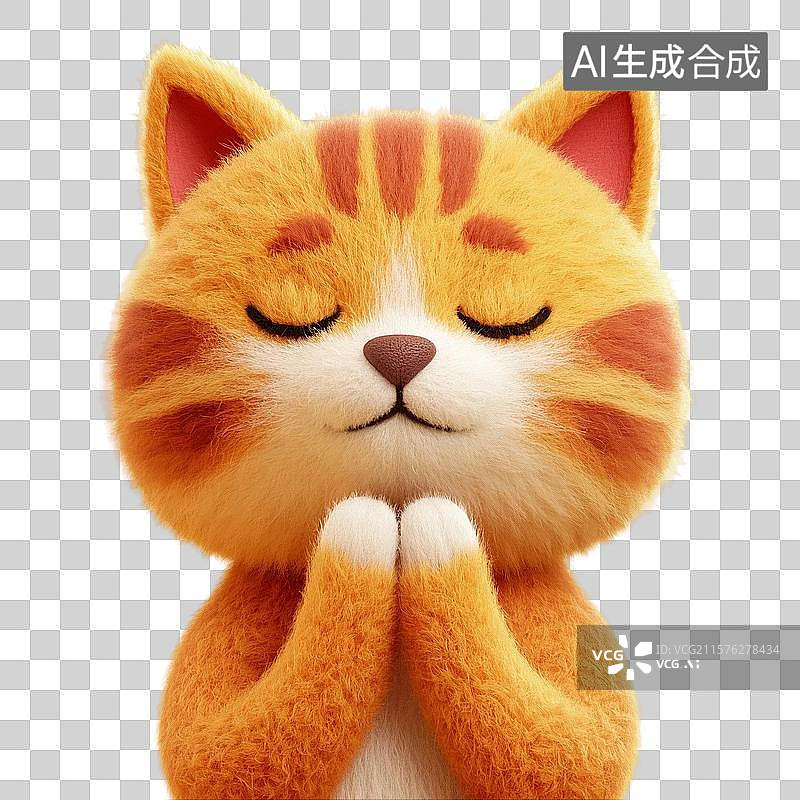 【AI数字艺术】3D渲染，治愈系插画，双手合十，许愿的小猫，橘猫，宠物猫，佛系宠物猫，祈福，祈祷，免抠元素图片素材