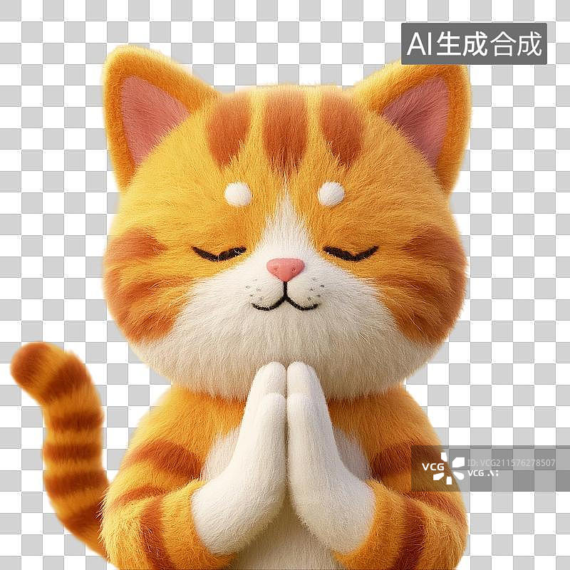 【AI数字艺术】3D渲染，治愈系插画，双手合十，许愿的小猫，橘猫，宠物猫，佛系宠物猫，祈福，祈祷，免抠元素图片素材