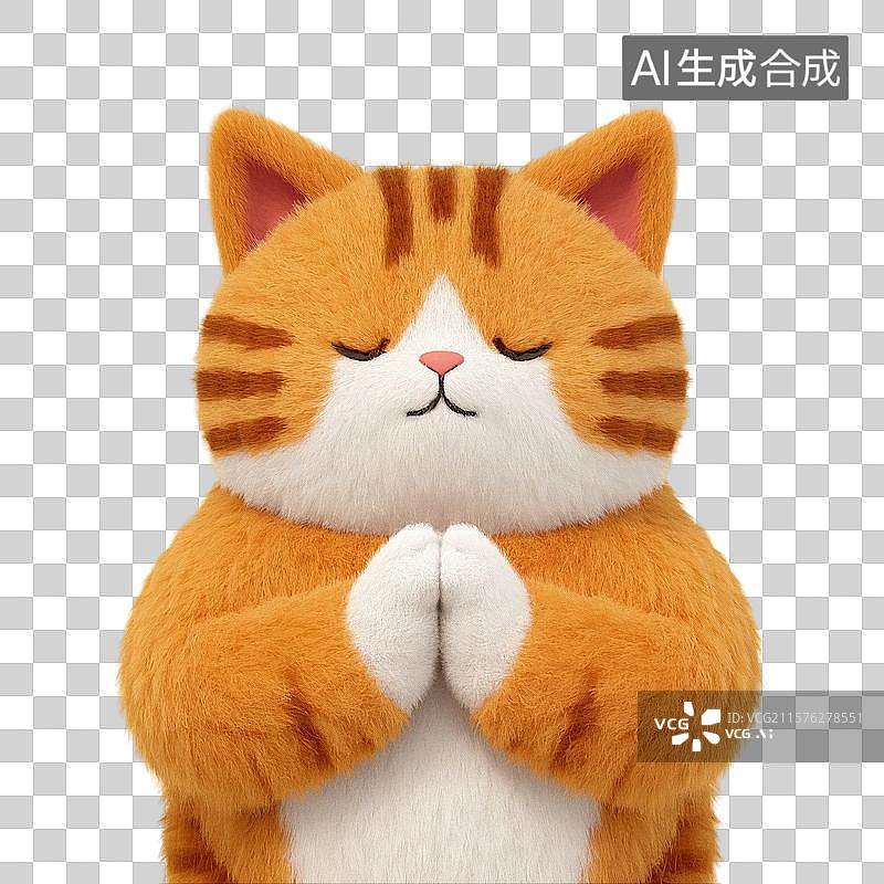 【AI数字艺术】3D渲染，治愈系插画，双手合十，许愿的小猫，橘猫，宠物猫，佛系宠物猫，祈福，祈祷，免抠元素图片素材
