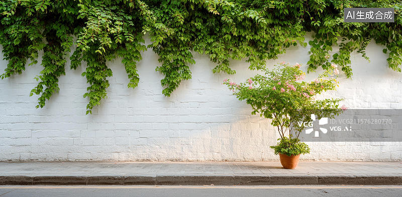 【AI数字艺术】白色砖墙上的攀援植物和小树图片素材