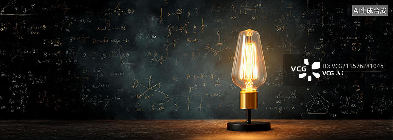 【AI数字艺术】复古灯泡桌灯，数学公式背景图片素材