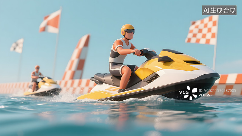 【AI数字艺术】3D摩托艇比赛场景插画图片素材