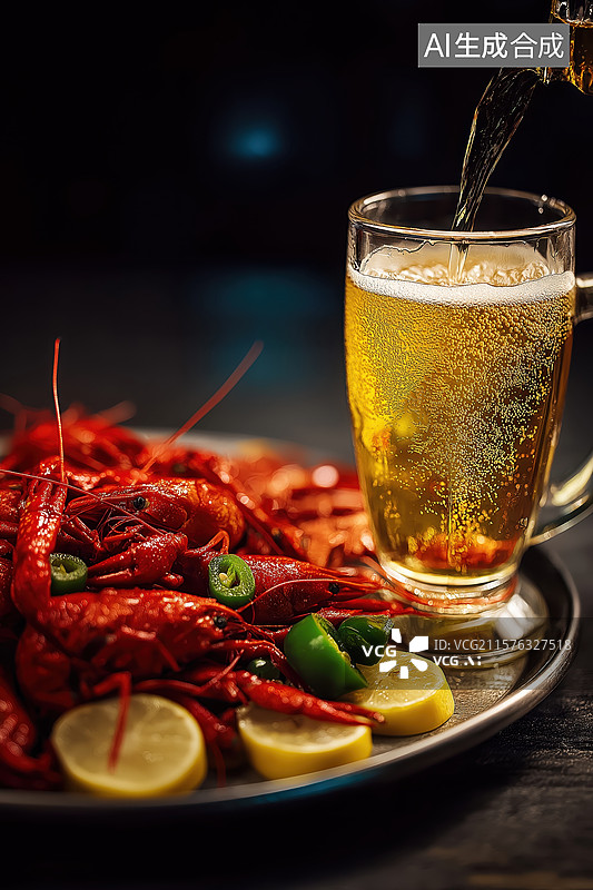 【AI数字艺术】啤酒倒入杯中，配以香辣小龙虾图片素材