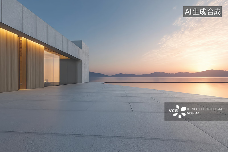 【AI数字艺术】现代建筑与日落海景图片素材