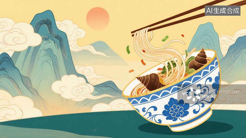 【AI数字艺术】螺蛳粉山水背景插画图片素材