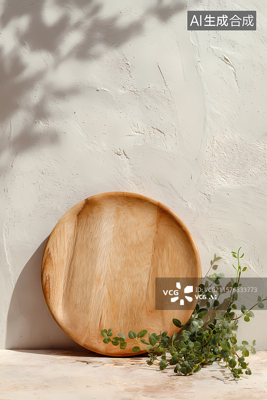 【AI数字艺术】木质圆盘与绿植图片素材