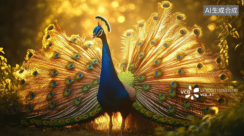 【AI数字艺术】孔雀开屏，金色光辉闪耀图片素材