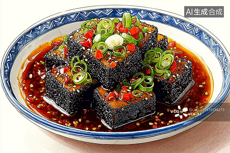 【AI数字艺术】餐盘中的油炸臭豆腐，上面洒满葱花和辣椒酱图片素材