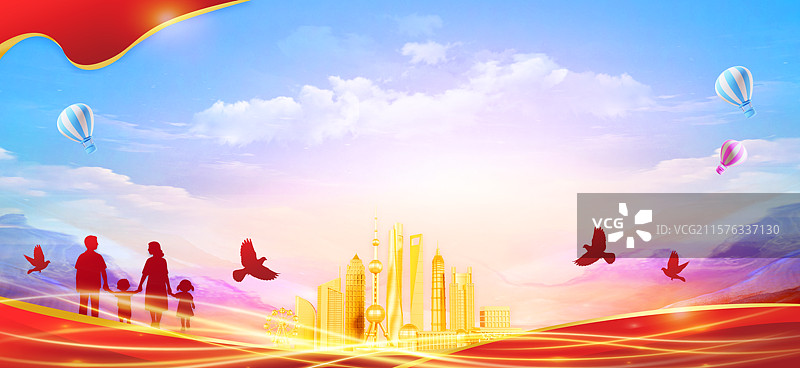 3D立体上海地标建筑红色党建背景图片素材