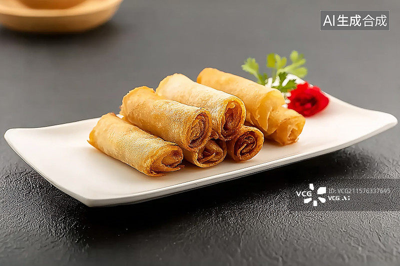 【AI数字艺术】桌面上一盘油炸春卷图片素材