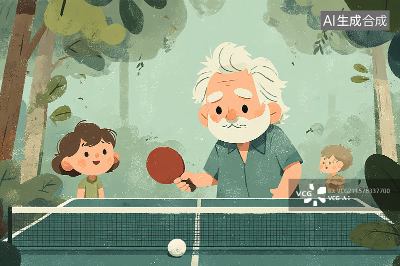 【AI数字艺术】白发老爷爷带着孙女在公园打乒乓球图片素材