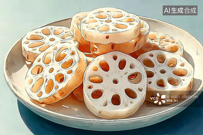 【AI数字艺术】餐盘中切片的藕片插画图片素材