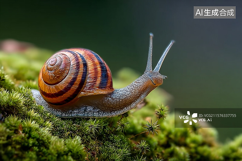 【AI数字艺术】潮湿青苔上的一只蜗牛图片素材
