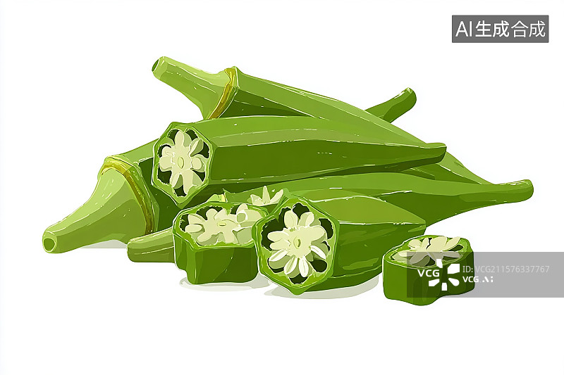 【AI数字艺术】新鲜采摘的蔬菜，秋葵插画图片素材