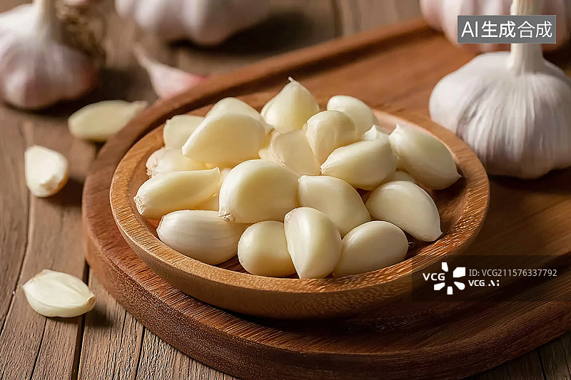 【AI数字艺术】桌面上被剥开外皮的大蒜图片素材
