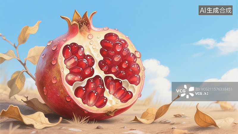 【AI数字艺术】一颗切开的石榴，周围散落着干枯的叶子，背景是蓝天白云图片素材