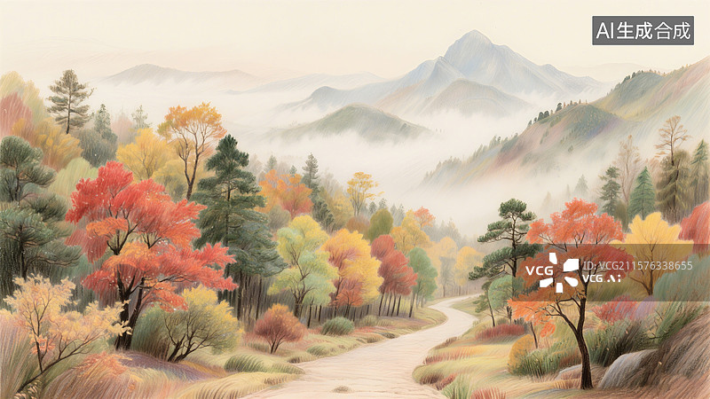 【AI数字艺术】秋日山间小路两旁树木色彩斑斓，远处山峰云雾缭绕景色宜人图片素材