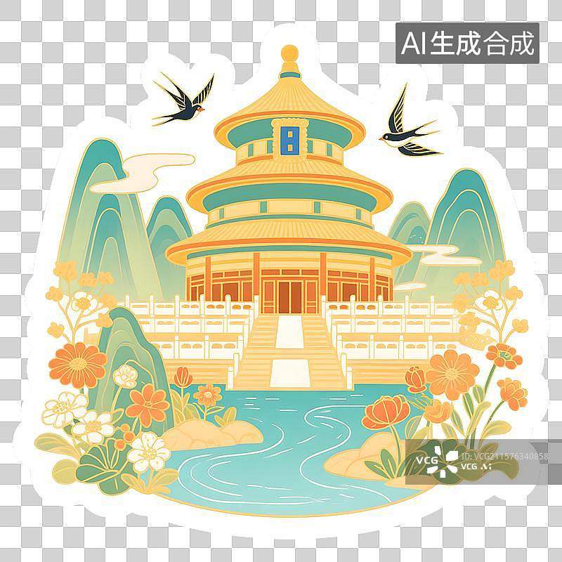 【AI数字艺术】亭台楼阁燕舞祥和图片素材