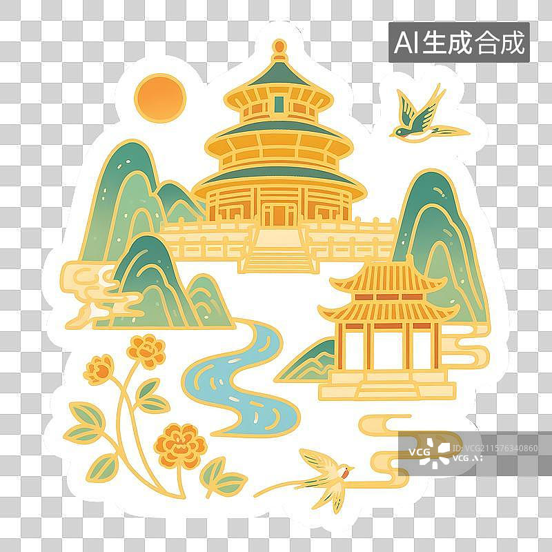 【AI数字艺术】亭台楼阁燕舞祥和图片素材