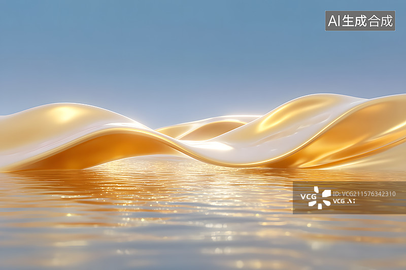 【AI数字艺术】蓝色背景下金色绸缎质感波浪于水面折射光泽的场景图片素材