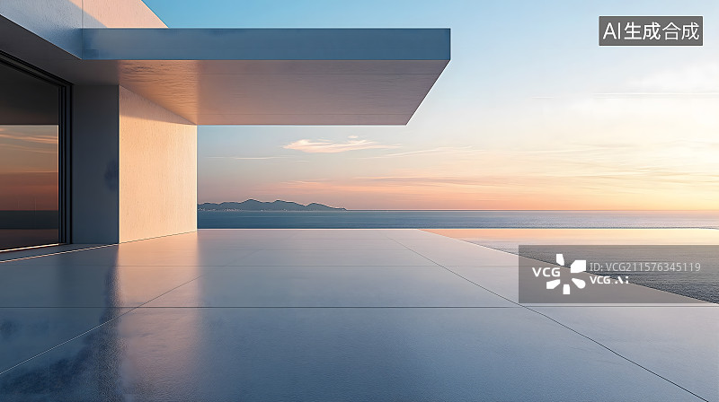 【AI数字艺术】日落海边的现代建筑风景，夕阳下的建筑空场景，现代海滨别墅日落景观图片素材