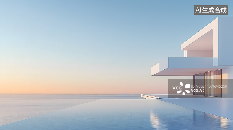 【AI数字艺术】日落海边的现代建筑风景，夕阳下的建筑空场景，现代海滨别墅日落景观图片素材