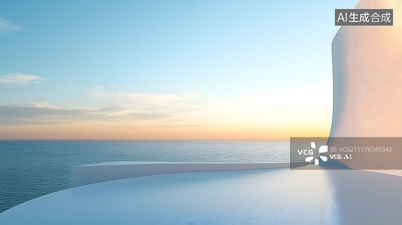 【AI数字艺术】日落海边的现代建筑风景，夕阳下的建筑空场景，现代海滨别墅日落景观图片素材