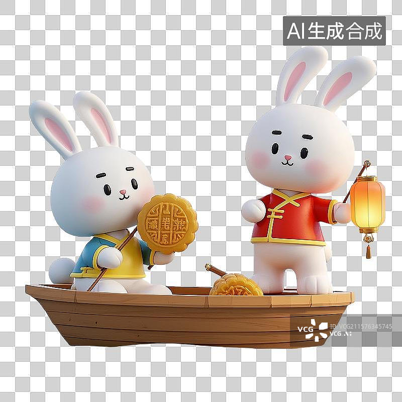 【AI数字艺术】3D 卡通玉兔划船图片素材