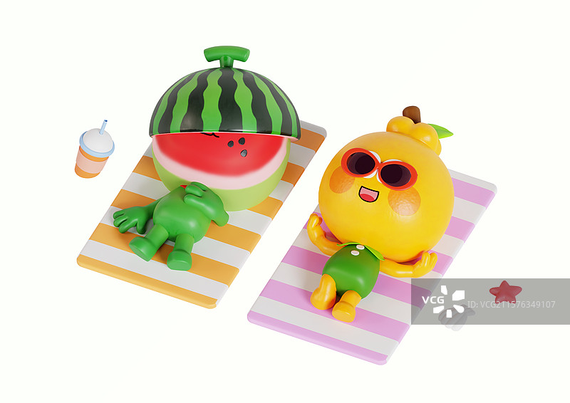 西瓜和柚子角色在海滩上晒太阳图片素材