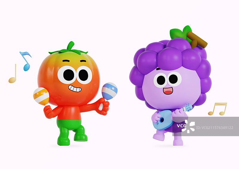 番茄和葡萄角色在玩马拉卡斯和尤克里里图片素材