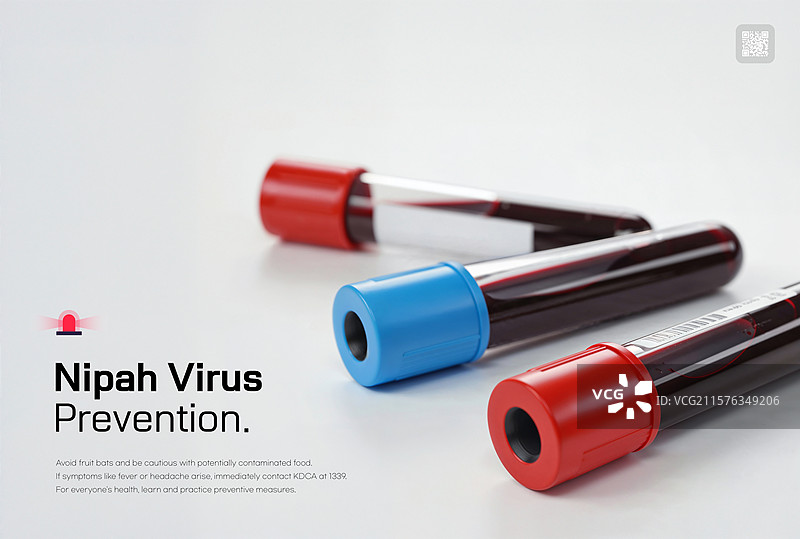 带有不同颜色盖子的血液检测管，附有尼帕病毒预防文字图片素材