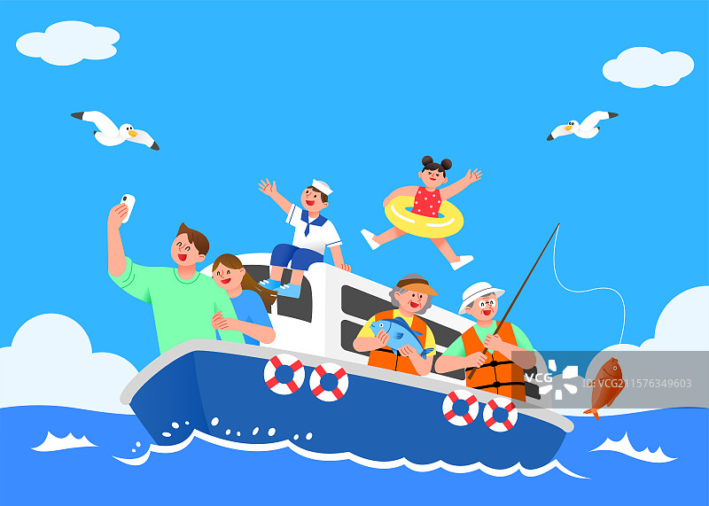 家庭出游在船上享受海钓图片素材
