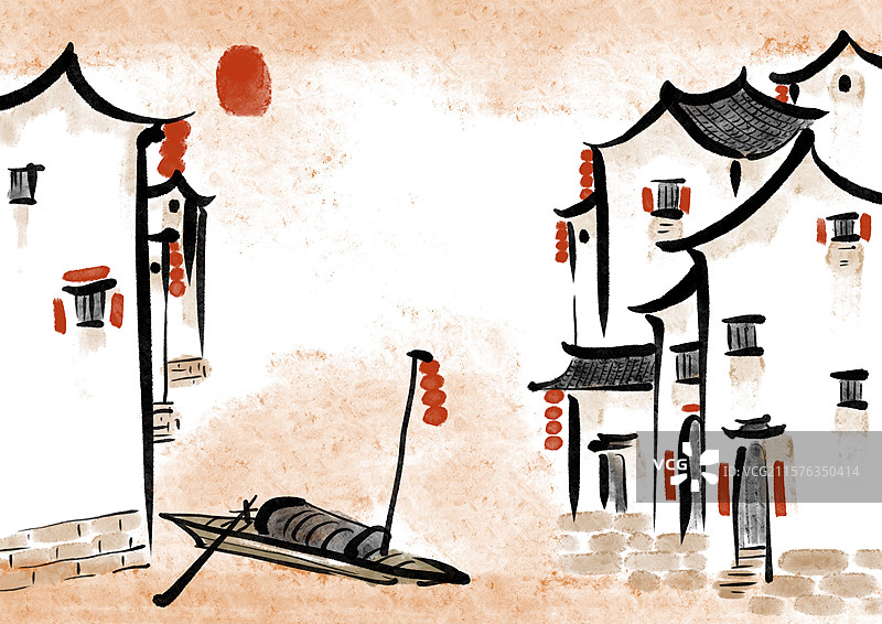 水墨风风景建筑插画图片素材