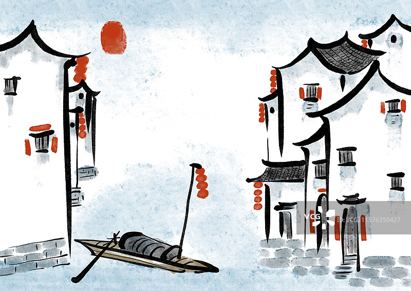 水墨风风景建筑插画图片素材