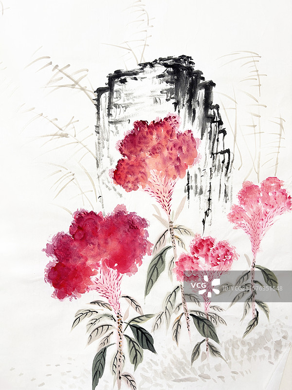 鸡冠花 花 夏天 宣纸 手绘 中国画 花鸟题材图片素材