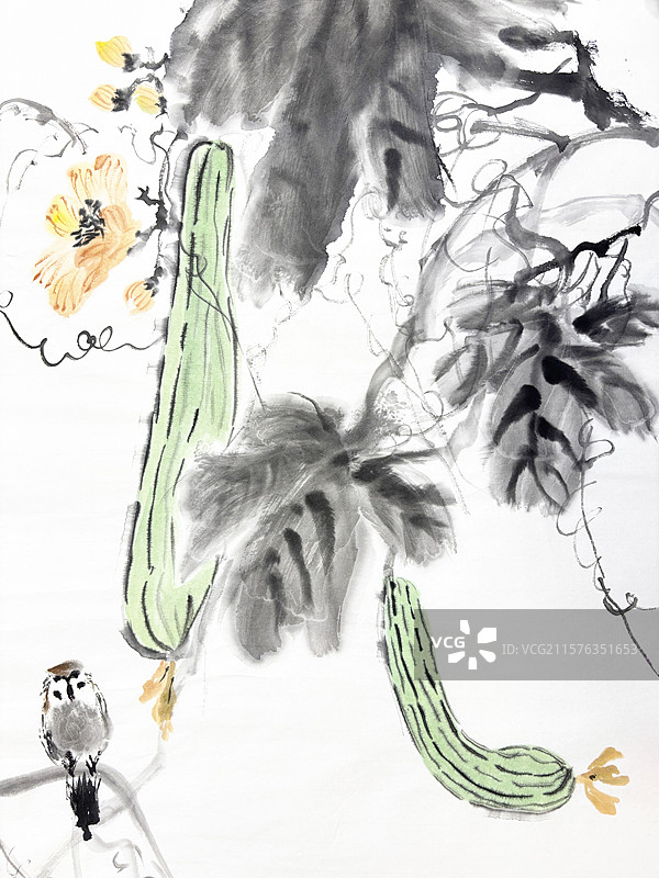 丝瓜 麻雀 小鸟 田园风景 宣纸 手绘 中国画 花鸟题材图片素材