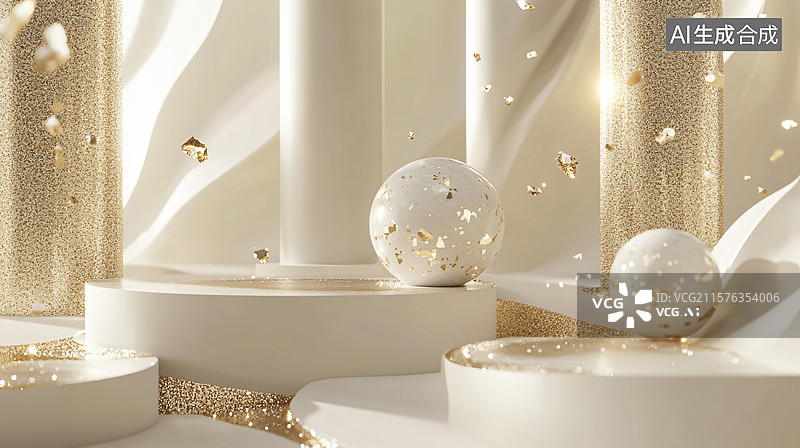 【AI数字艺术】白金圆球立体装饰场景图片素材