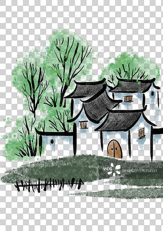 国潮风乡村风景插画元素图片素材