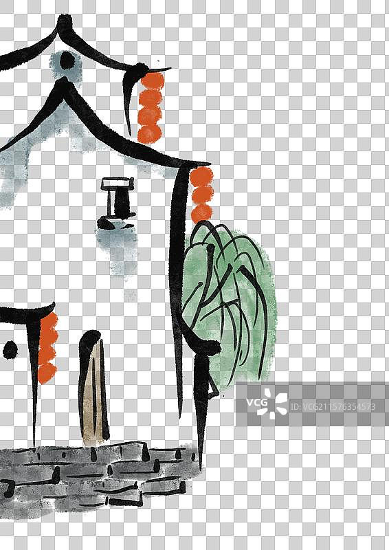 国潮风乡村风景插画元素图片素材