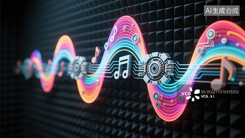 【AI数字艺术】彩色声波与音乐符号的科技艺术表现图片素材