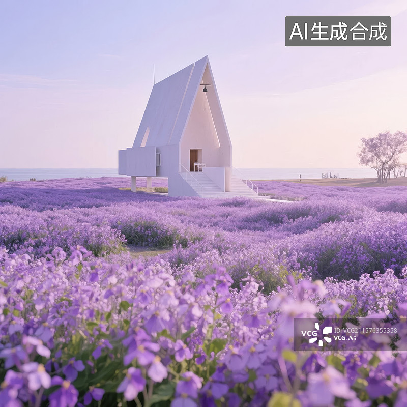 【AI数字艺术】紫色花海中的白色小屋图片素材