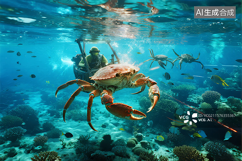 【AI数字艺术】潜水者与巨型螃蟹在珊瑚礁中相遇图片素材
