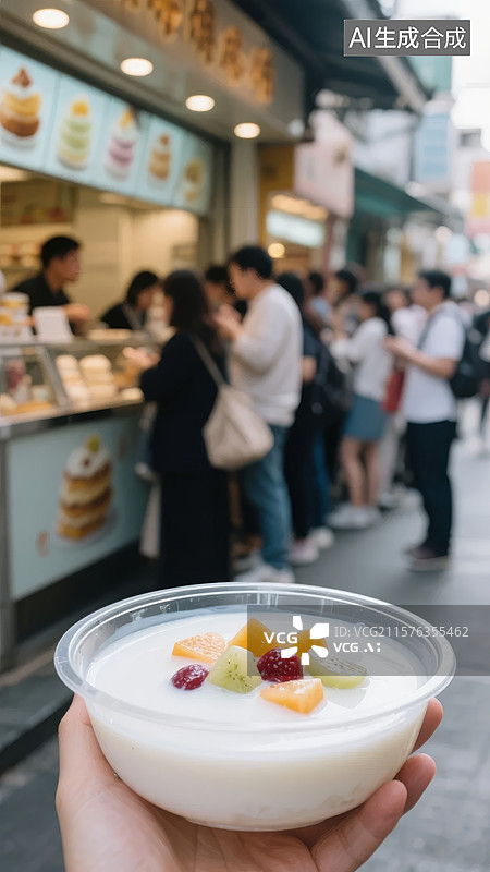 【AI数字艺术】街边小吃店前手持水果酸奶图片素材